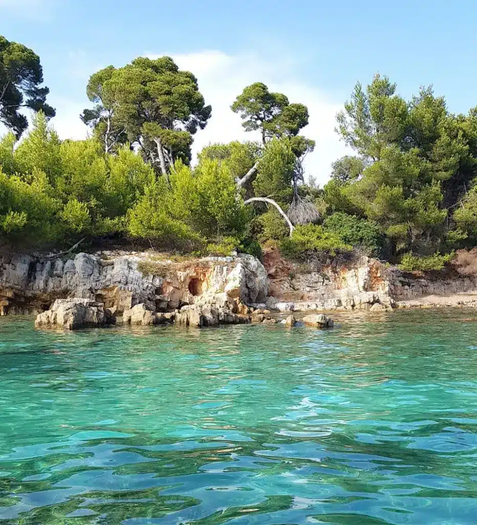 Crique aux îles Lérins avec eau turquoise, rochers, pinède et paysage naturel préservé.