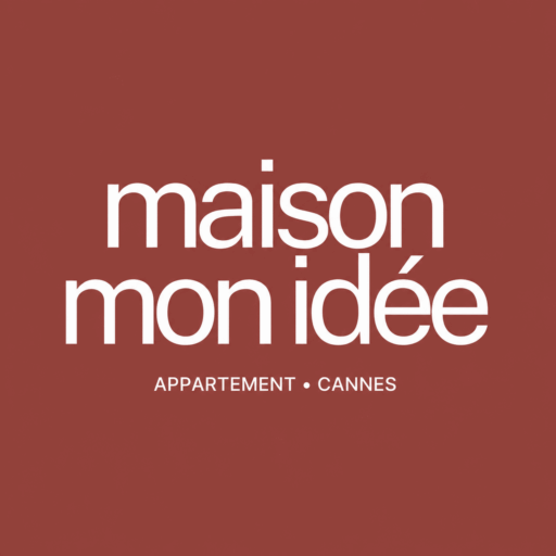 Logo Maison Mon Idée avec le texte “appartement · Cannes” sur fond bordeaux.